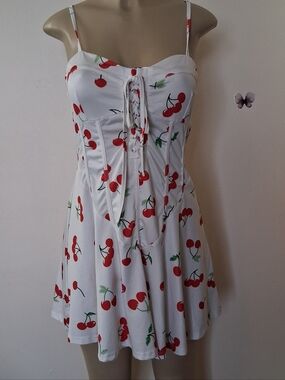 Lace Up Cherry Print Mini Dress A-Line Corset Dress